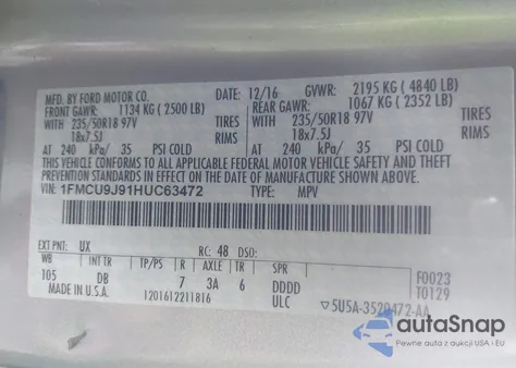 2017 Ford Escape Titanium из США, поврежденный, VIN 1FMCU9J91HUC63472